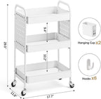 KINGRACK 3 Tier Rolling Cart with DIY Pegboard, Metal Utility Cart with Wheels, Hooks & Baskets, Sturdy Storage Organizer for Craft, Bathroom, Kitchen, Office, Nursery, Classroom (White)