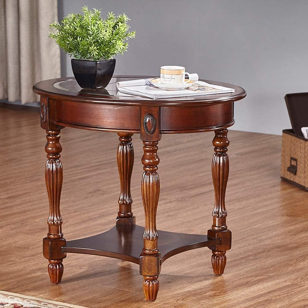 Traditional Solid Wood Oval End Table with Tempered Glass Top. Side Table for Living Room,Bedroom