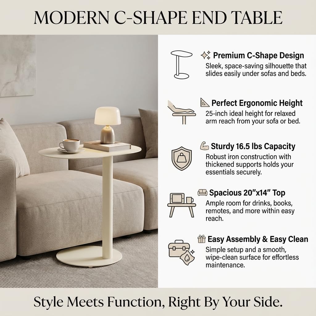 C-Shaped Side Table, Modern Metal End Table for Couch Slim Sofa Side Table Snack End Table TV Trays for Eating On Couch for Dining Room, Living Room, Cafe and Balcony (Cream White)