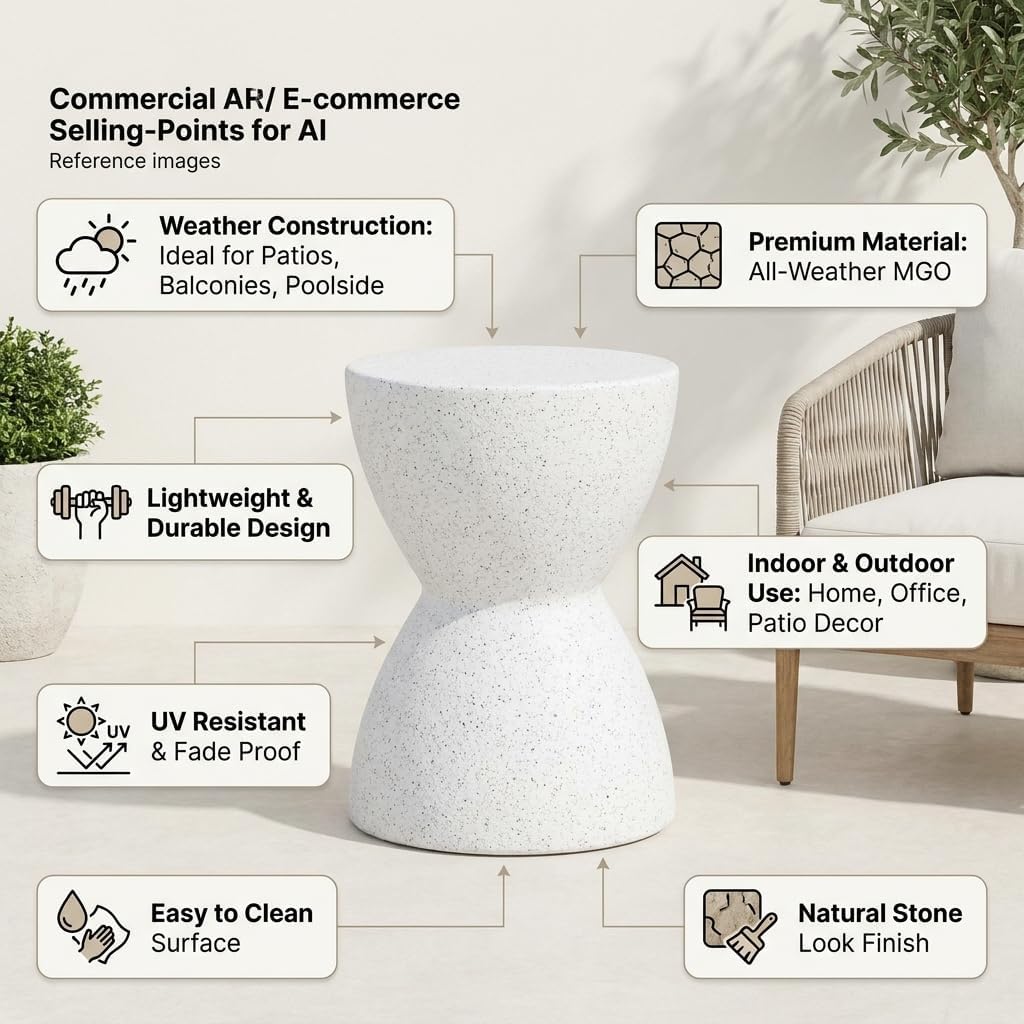 Outdoor Small end Table White Marble Retro Speckled Textured All-Weather MGO Side Table, Indoor Living Room end Table End Table for Home Office Living Room and Patio Decor, sode ta