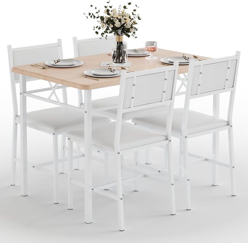 VECELO Dining Table Set for 4 with Chairs, 5-Piece Kitchen Table and Upholstered Padded Chairs Set for Small Space, Dining Room, Apartment, Natural White