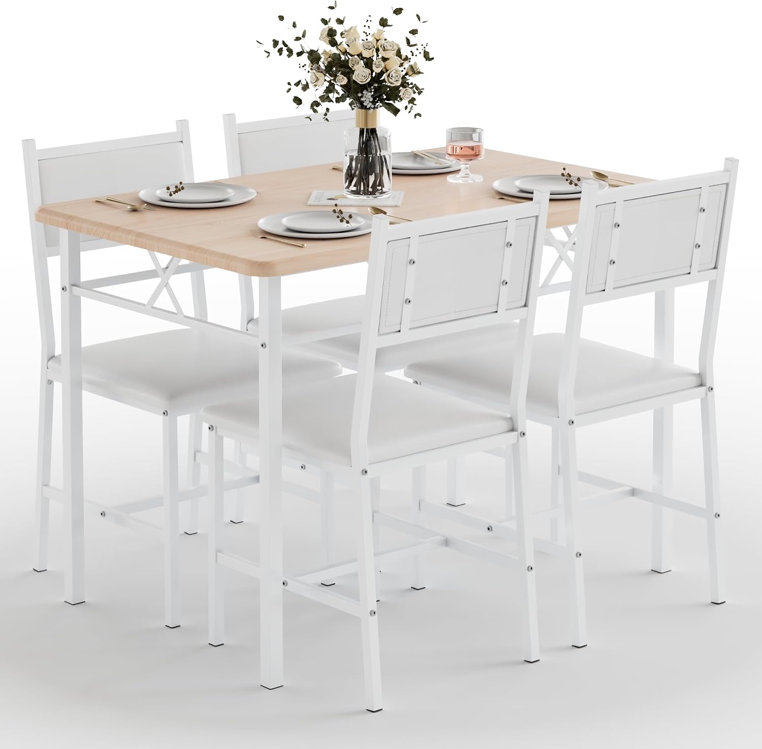 VECELO Dining Table Set for 4 with Chairs, 5-Piece Kitchen Table and Upholstered Padded Chairs Set for Small Space, Dining Room, Apartment, Natural White