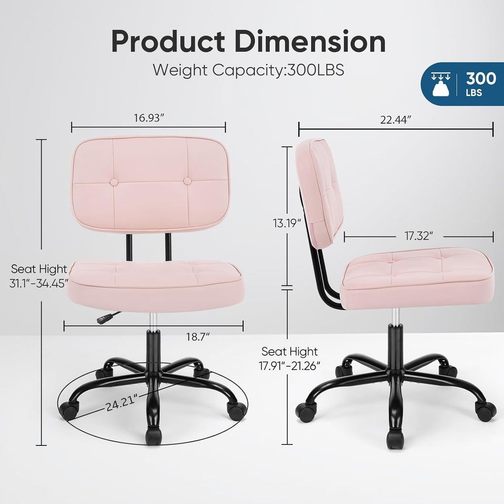 DUMOS Home Office Desk Chair - Ergonomic Armless PU Leather Computer Rolling Task Chair，with Comfy Lumbar Support and Height Adjustable, 360° Swivel, Vanity, Bedroom, Pink