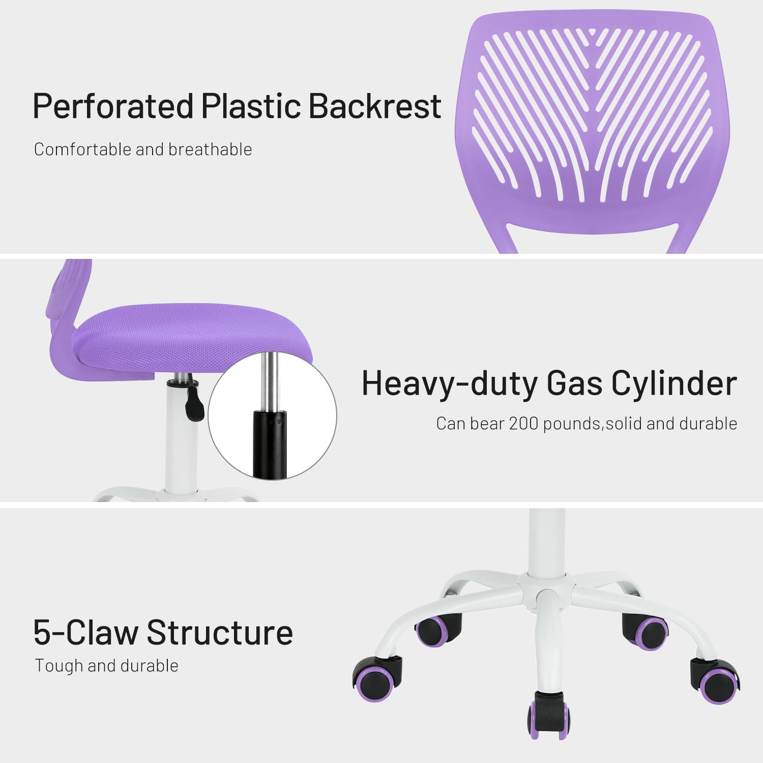 FurnitureR Purple Armless Desk Chair, Ergonomic Swivel Study Chair with Mesh Seat & Rolling Wheels, Lightweight Cute Task Chair for Creating a Cozy & Inspiring Kids’ Study Space — A Lovely Gift Choice