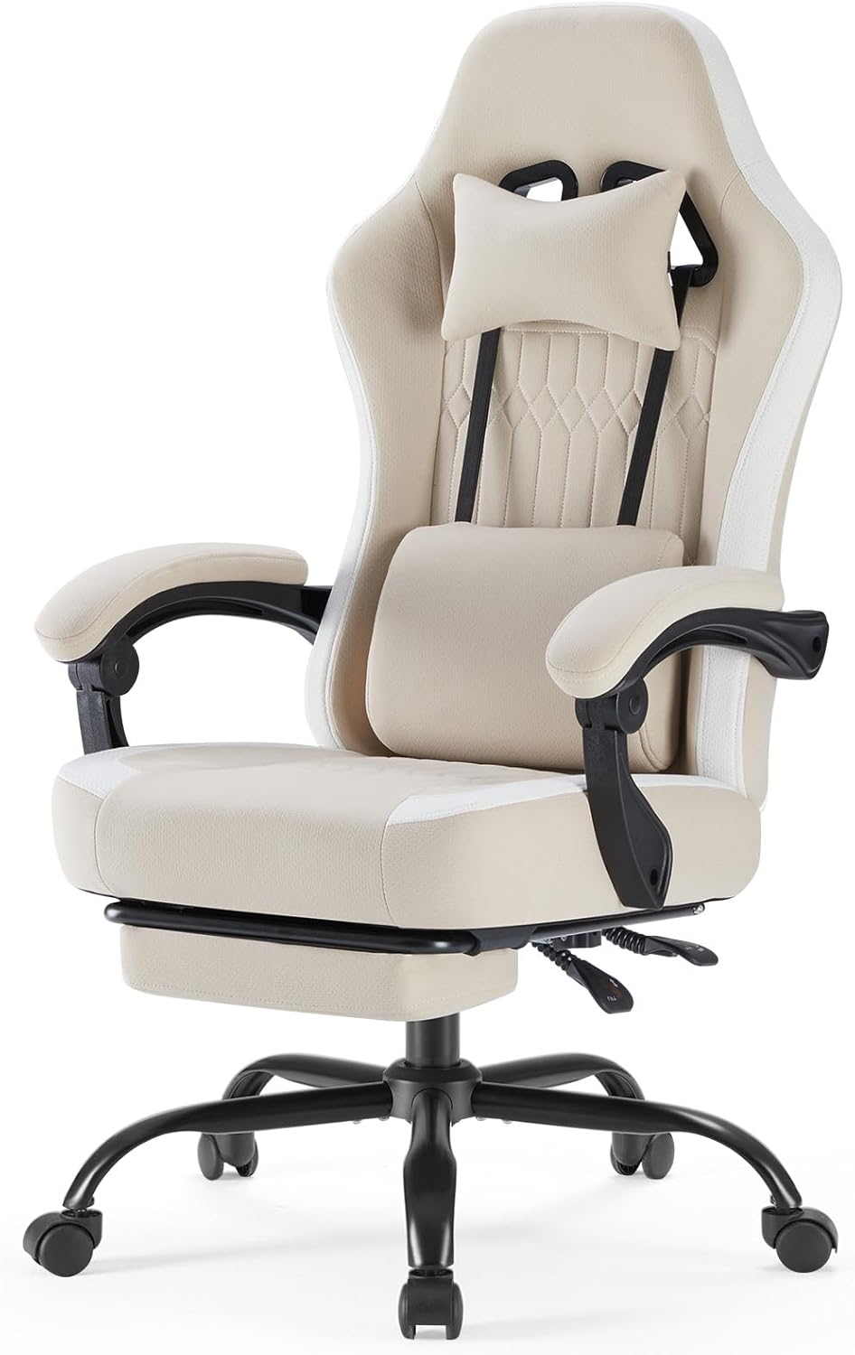 Computer Gaming Chair - High Back Ergonomic Desk Chair with Footrest and Lumbar Support, Height Adjustable Task Chair with Linkage Armrests and Headrest, 360° Swivel Wheels, Khaki