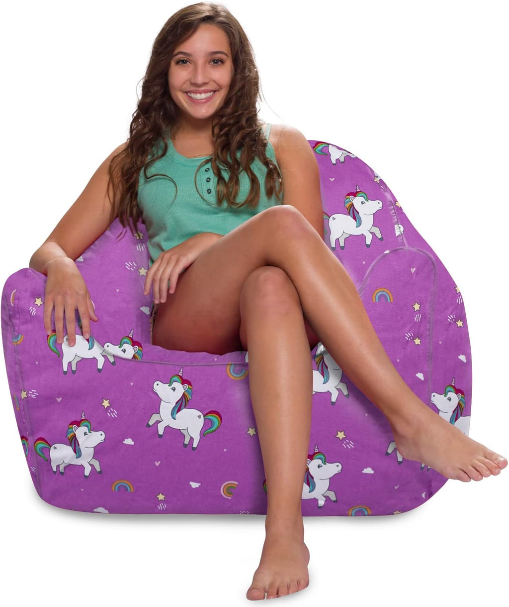 Posh Creations Bean Bag Chair Structured Seat for Kids, Teens and Adults, Comfy Bean Bag Chair for Gaming, Reading and Watching TV, Malibu Lounge Chair, Canvas - Unicorn and Rainbows on Purple