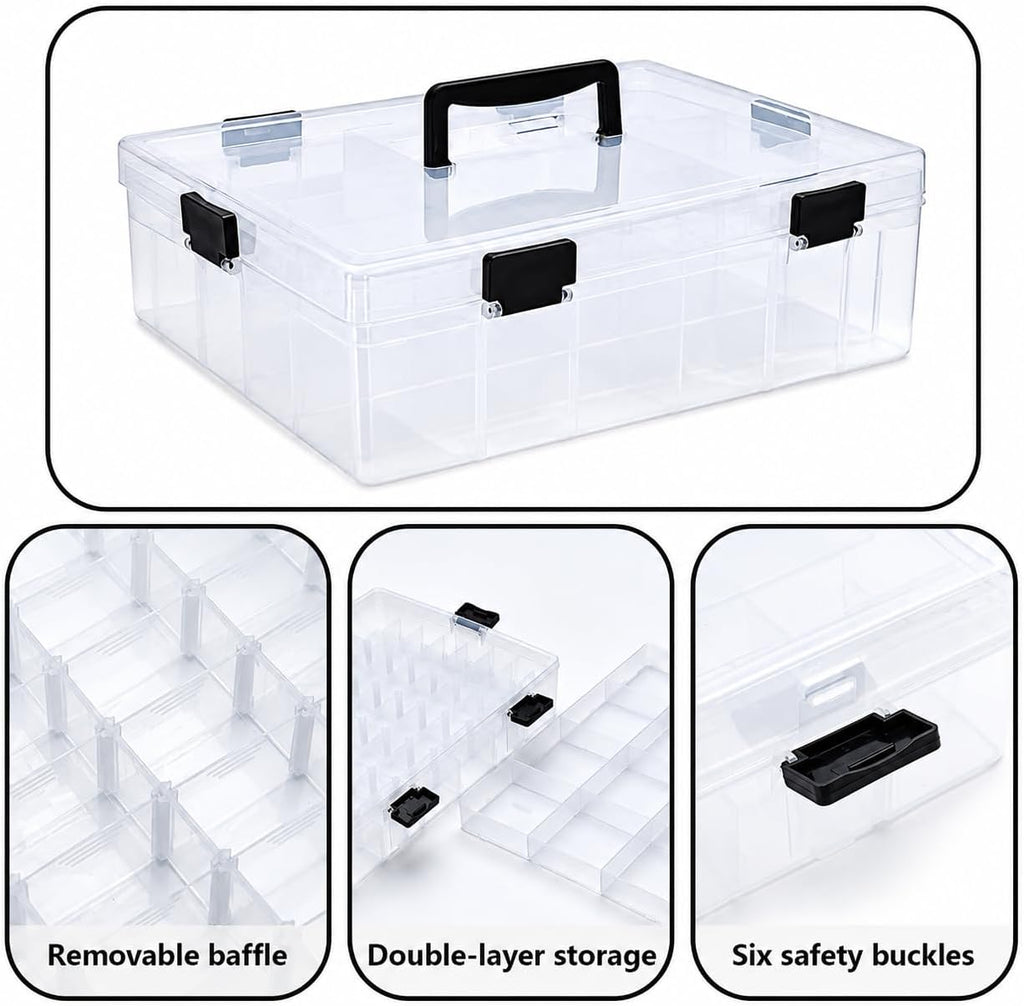 59 Grids Bead Organizer Box - Large Double Layer with Locking Lids, Clear Craft Storage Container (14.2"x10.2"x3.5") for Jewelry Beads, DIY, Fishing Tackle, Small Parts Organization