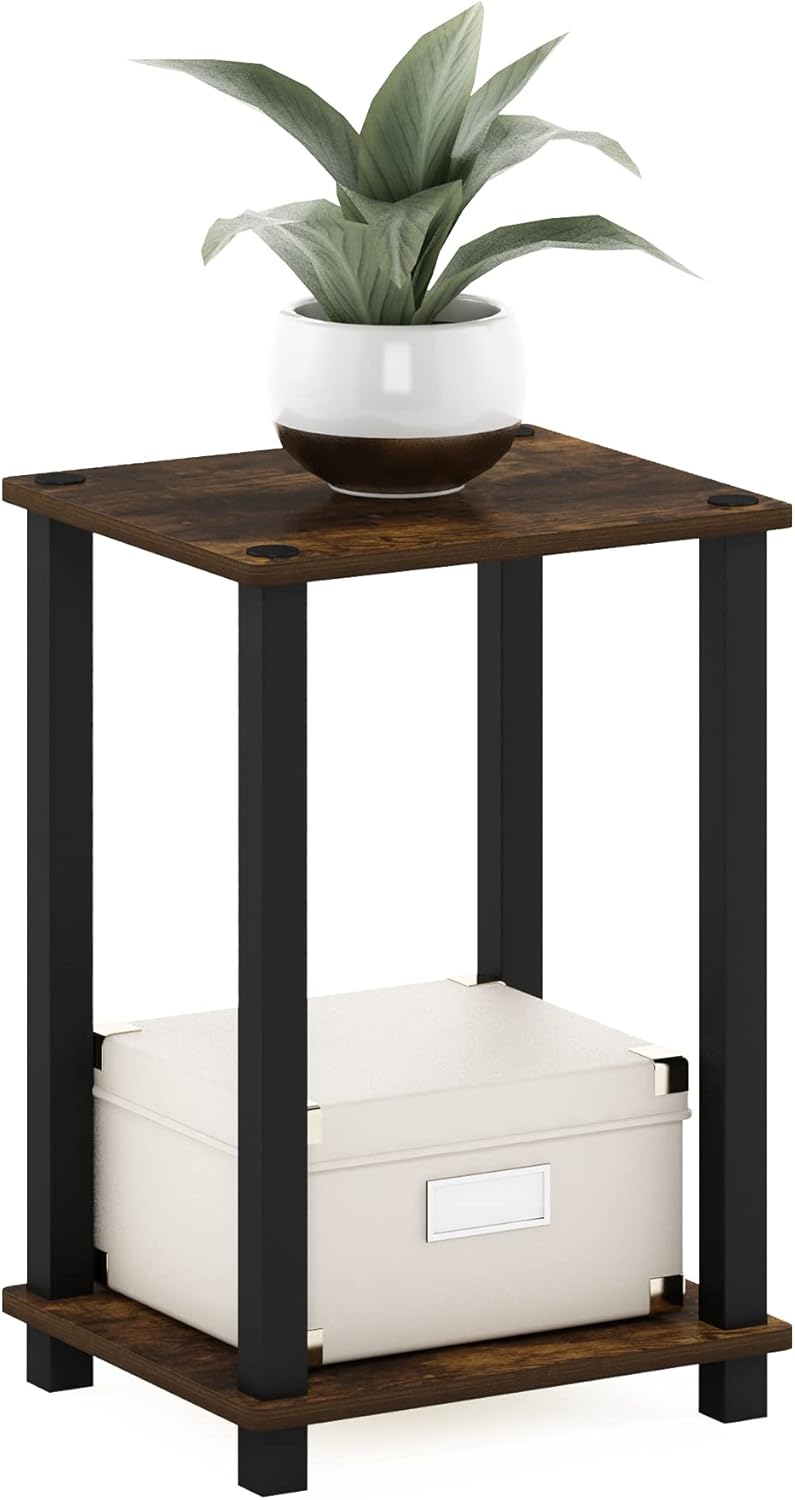 Furinno Simplistic Toolless Assembly Side Table, Rustic Brown 2-Tier End Table, Open Shelf Night Stand, Bedside Table for Living Room, Bedroom, Home Office, Amber Oak/Black