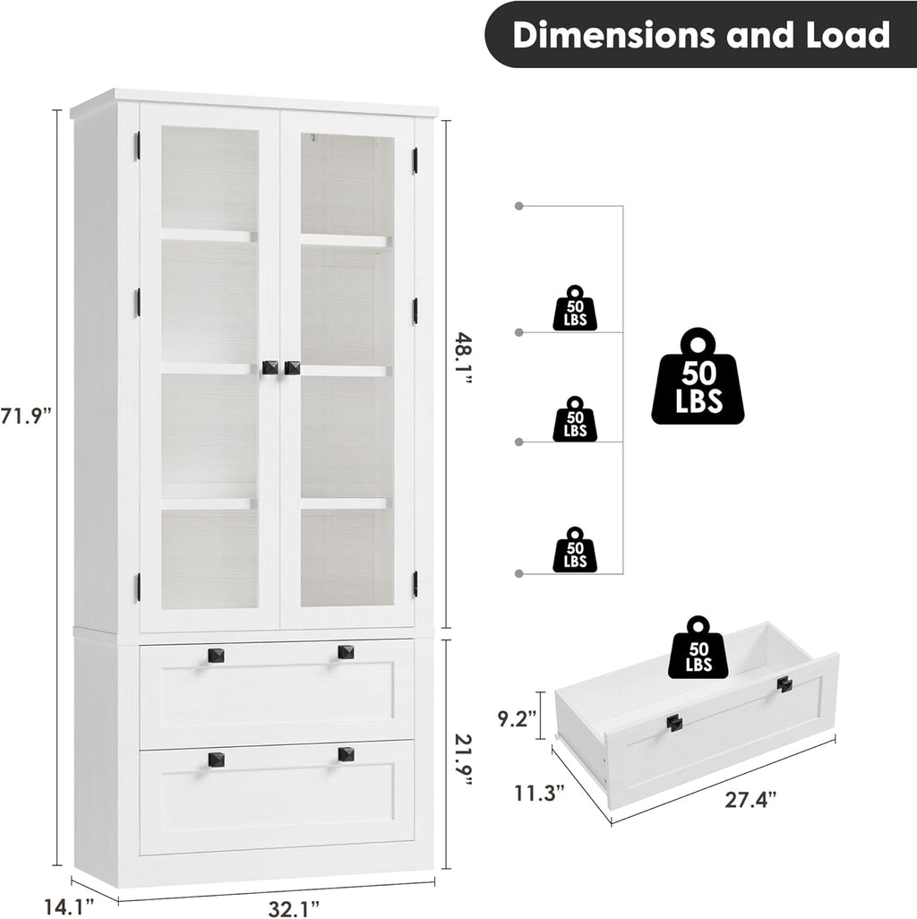71" Tall Kitchen Pantry Cabinet - Modern Display Storage Cabinet with 2 Large Drawers, Glass Doors, and Adjustable Shelves, Farmhouse Kitchen Cupboard for Dining Room, Bathroom, Living Room, White