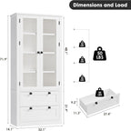 Modern Farmhouse Kitchen Pantry Cabinet with Glass Doors – 72" Tall, 2 Large Drawers, Adjustable Shelves, Versatile Storage Sideboard for Dining Room, Living Room, or Bathroom – White