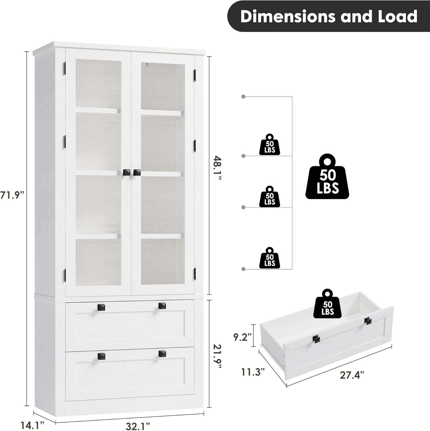 Modern Farmhouse Kitchen Pantry Cabinet with Glass Doors – 72" Tall, 2 Large Drawers, Adjustable Shelves, Versatile Storage Sideboard for Dining Room, Living Room, or Bathroom – White