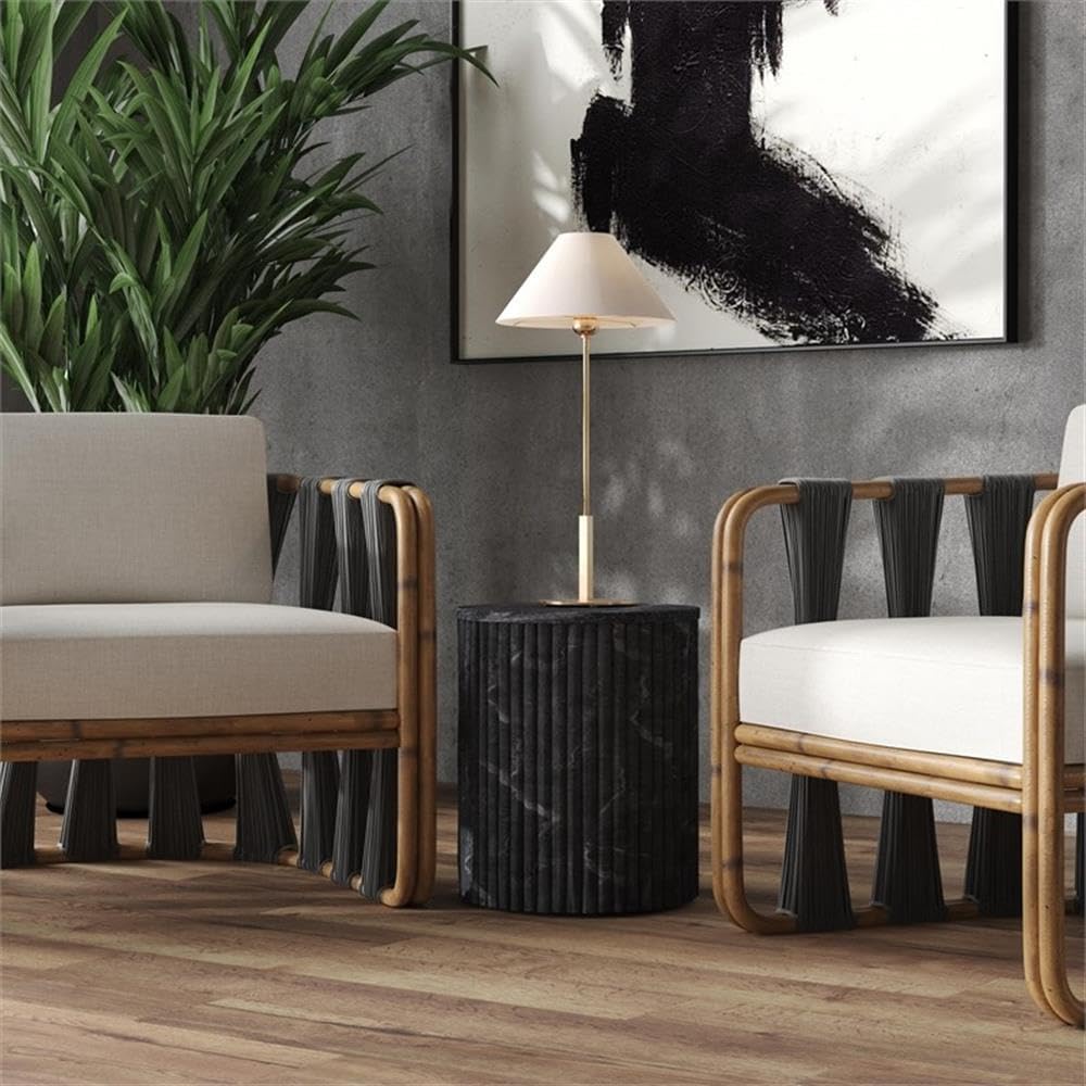Beaumont Lane Round Marble and Wood Side Table, 15" W x 18" H, Gray and White Finish, Fully Assembled, Drum Base Accent Table for Living Room, Bedroom, or Office