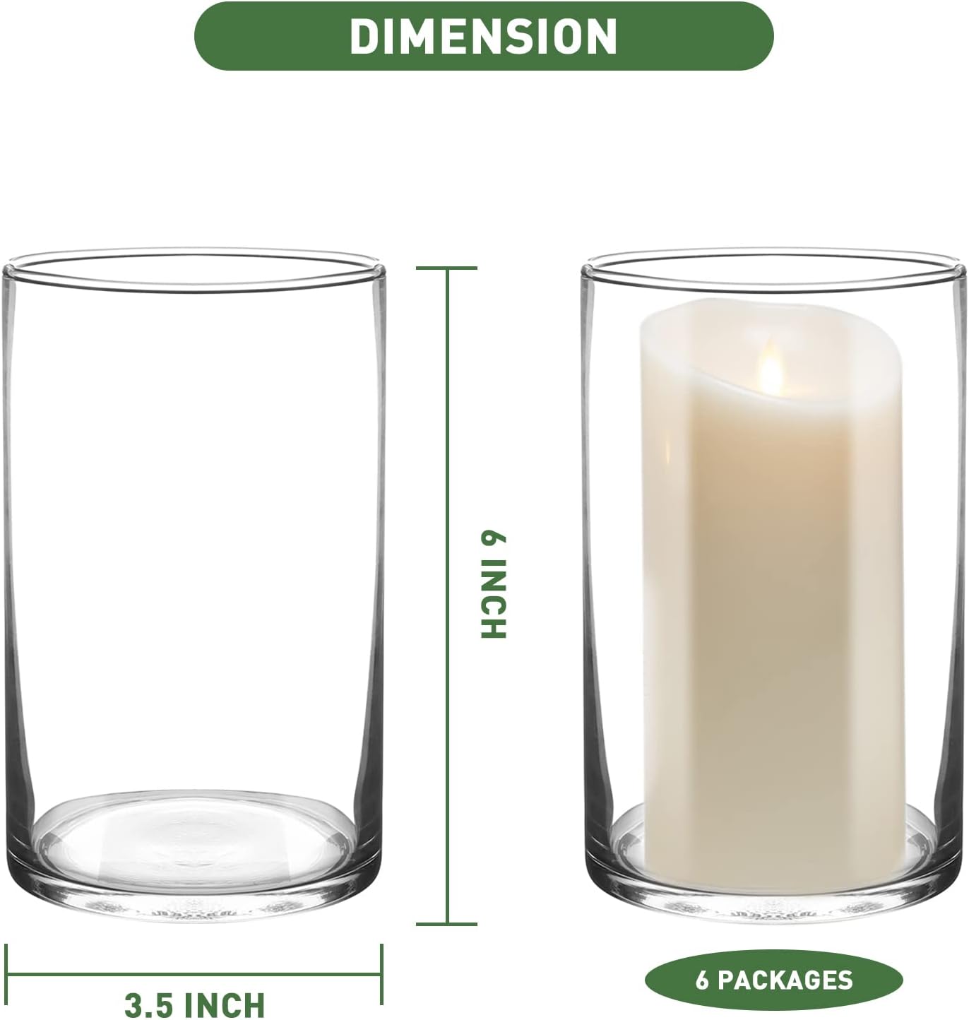 6 Inch Tall Glass Cylinder Vase for Table Centerpieces,Set of 6 | Clear Glass Vases Bulk for Flowers Decor,Floating Candle,Wedding Favors(3.5" W X 6" H)