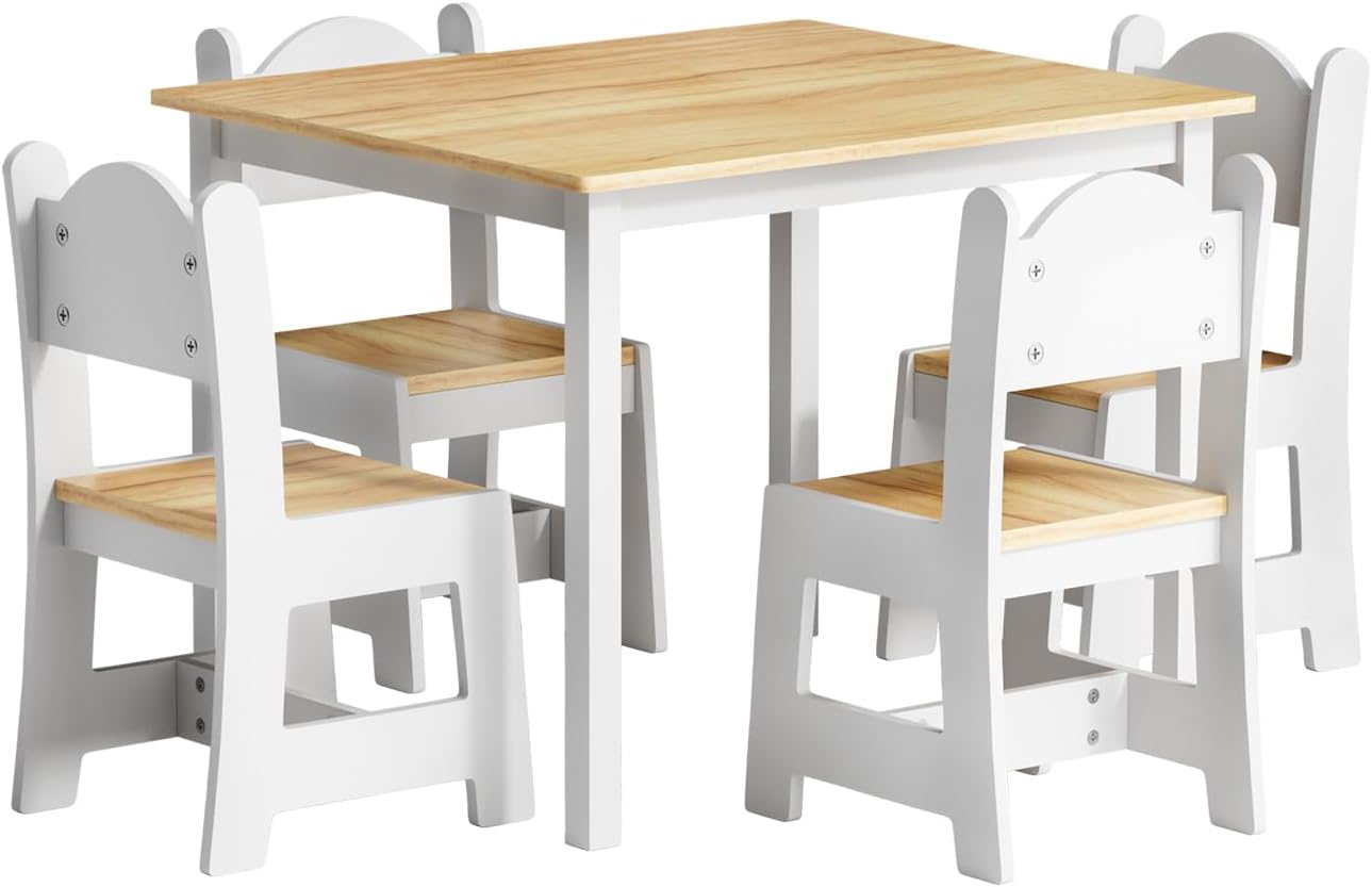 JOYMOR Kids Table and 4 Chairs, Toddler Table and Chair Set, Wooden Activity Table for Children with Chairs, Perfect for Arts, Crafts and Nursery Use, Natural & White