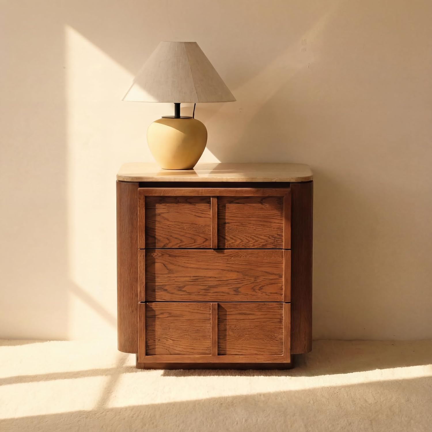 Hearth End Table with Travertine Top Oak Wood Nightstand with 3 Drawer Bedside Table Modern Wood Side Table with Storage White Oak Finish Brown Sofa Side Table for Living Room, Bedroom
