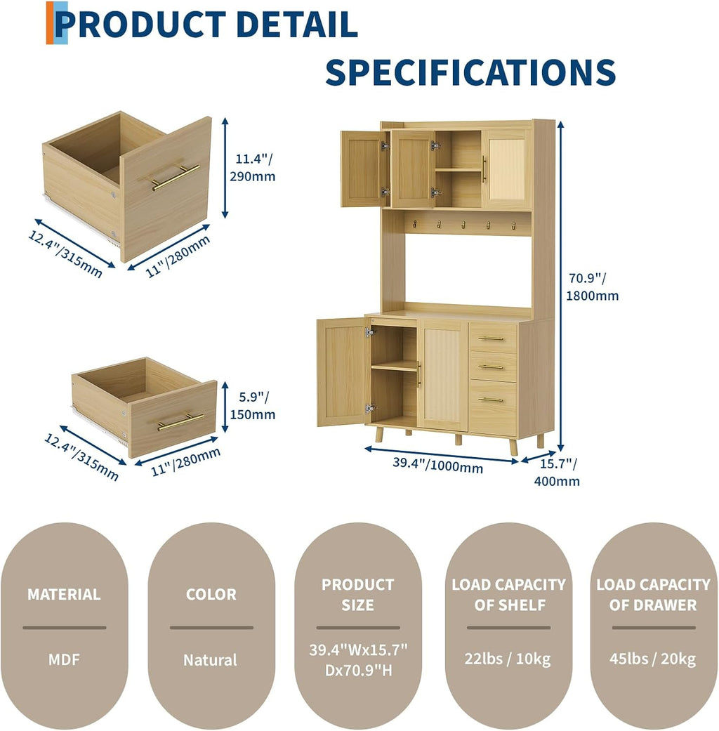 Garvee Rattan Pantry Cabinet, 71 in Kitchen Pantry with Microwave Stand, Freestanding Hutch with Drawers, Doors and Hooks, Boho Storage Cabinet for Dining Room, Kitchen, Living Room, Natural