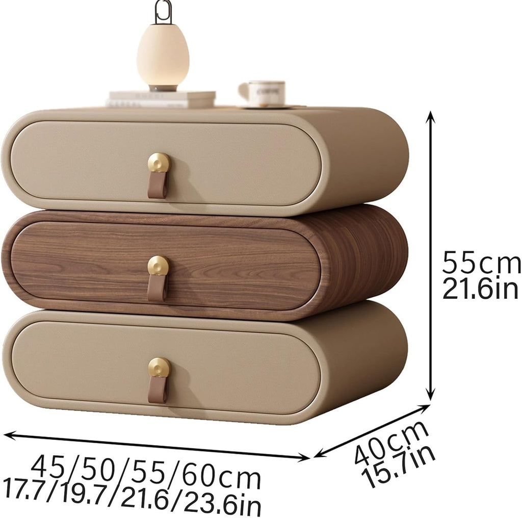 Cream-Style Nightstand,rotatable Side Table with 3 Drawers and Leather Handles,Wood Bedside Tables Cabinet Storage for Bedroom/Living Room Rounded Corners(White+Wood,17.7in/45cm)