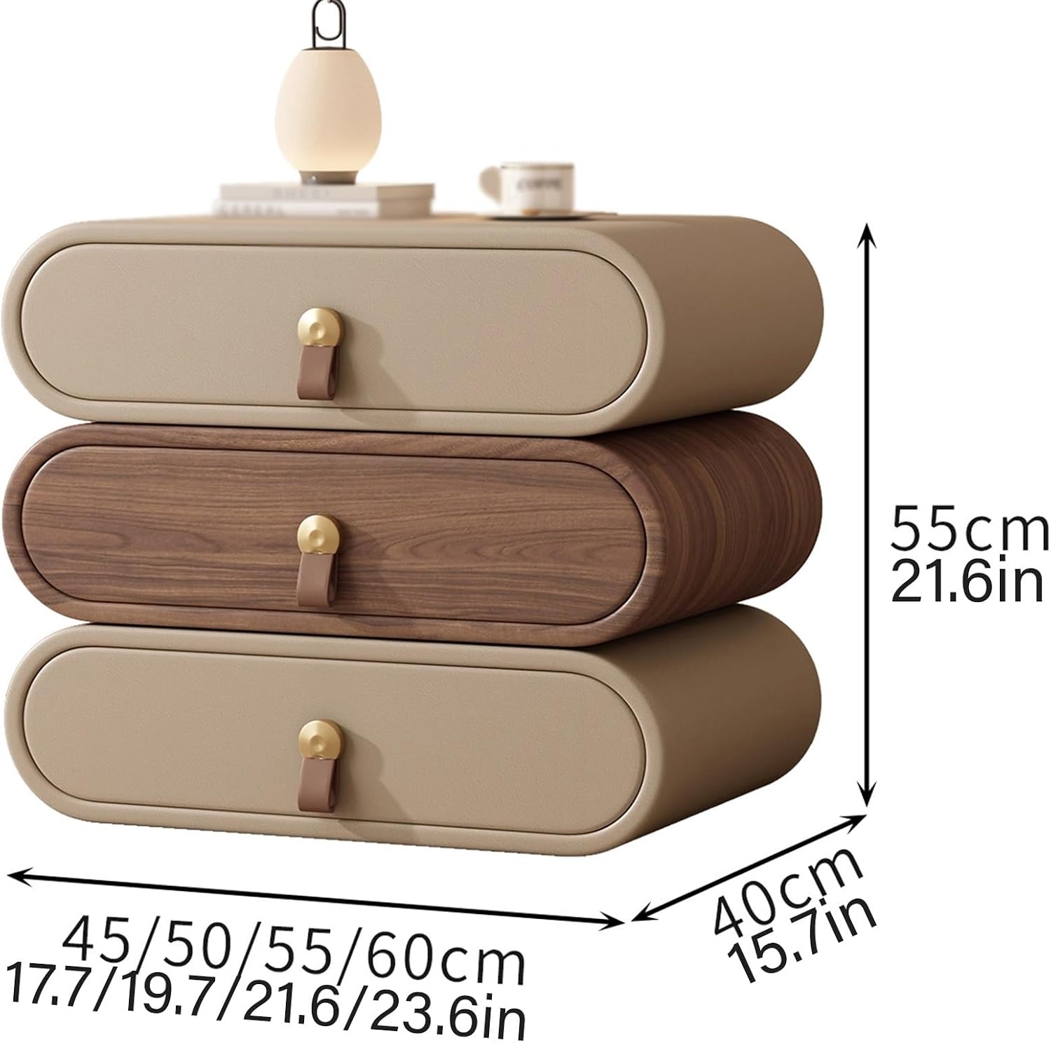 Cream-Style Nightstand,rotatable Side Table with 3 Drawers and Leather Handles,Wood Bedside Tables Cabinet Storage for Bedroom/Living Room Rounded Corners(White+Wood,17.7in/45cm)