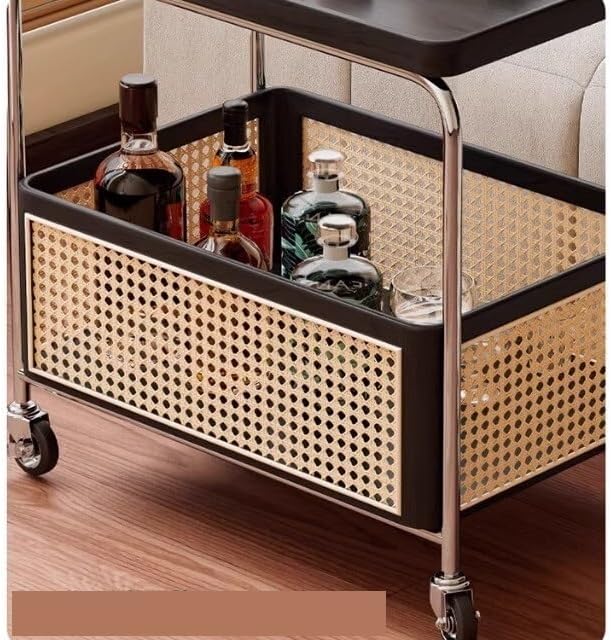 Sofa Side Table Side Table Second-Hand Trolley Wood Rattan Living Room Mobile Storage Rack Double Layer with Wheels Dining Sideboard Home End Table for Couch