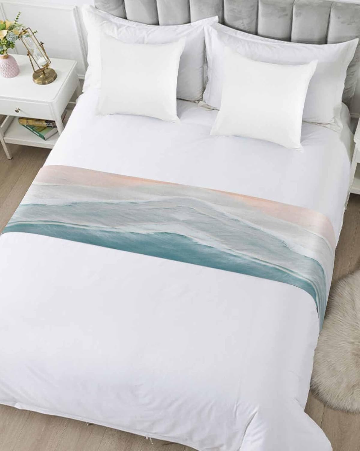DecorLovee Summer Beach Bed Runners for Queen Size Bed, Ocean Coastal Bed Throws for Foot of Bed, Sea Nautical Bed Runner