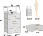 Furnulem Tall Nightstand with 4 Fabric Drawers, Small Dresser for Bedroom | White Dorm Bedside Table , Dresser for Closet, Storage Drawer for Living Room, Entryway, Furniture, Metal Frame, Wood Top