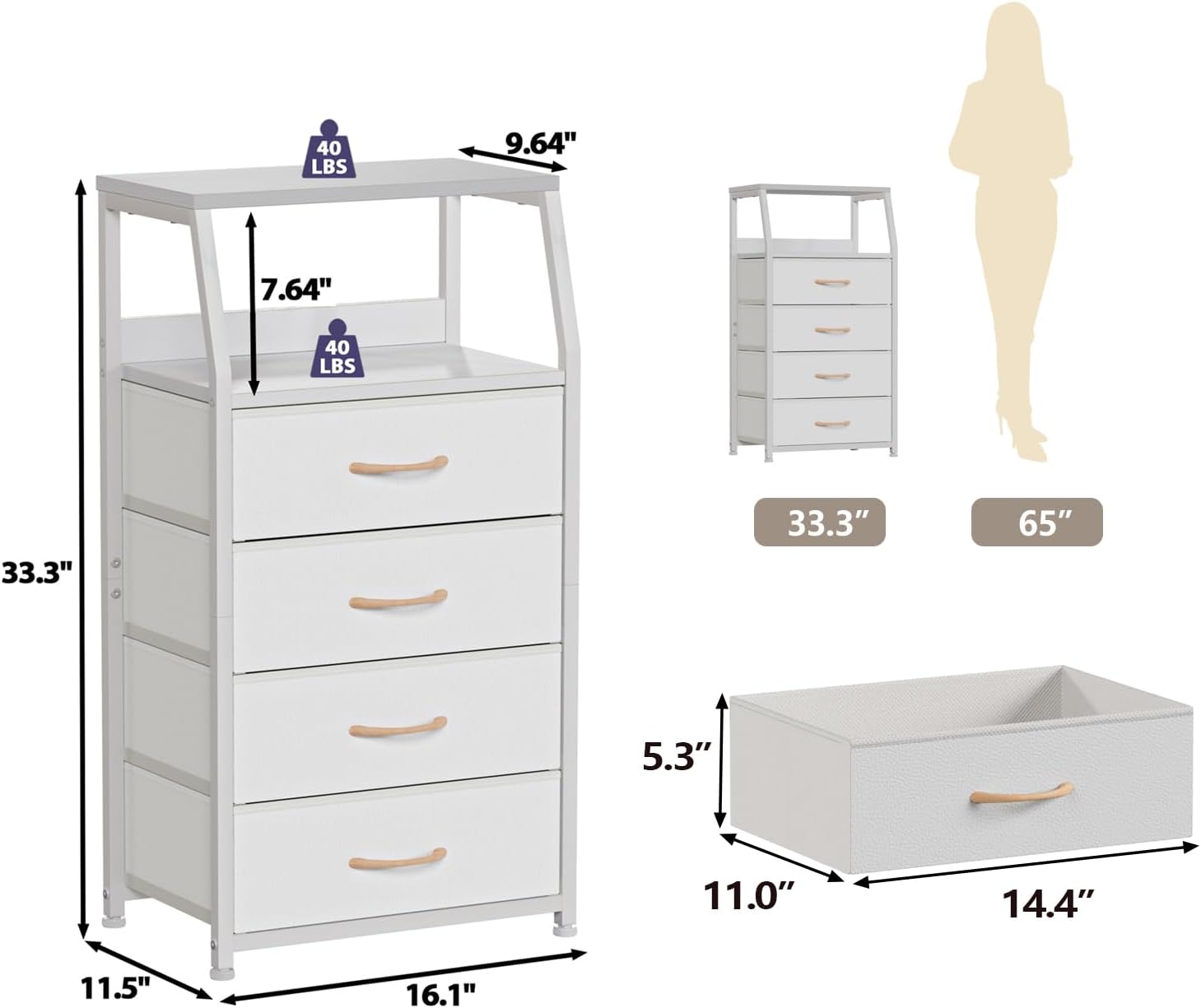 Furnulem Tall Nightstand with 4 Fabric Drawers, Small Dresser for Bedroom | White Dorm Bedside Table , Dresser for Closet, Storage Drawer for Living Room, Entryway, Furniture, Metal Frame, Wood Top
