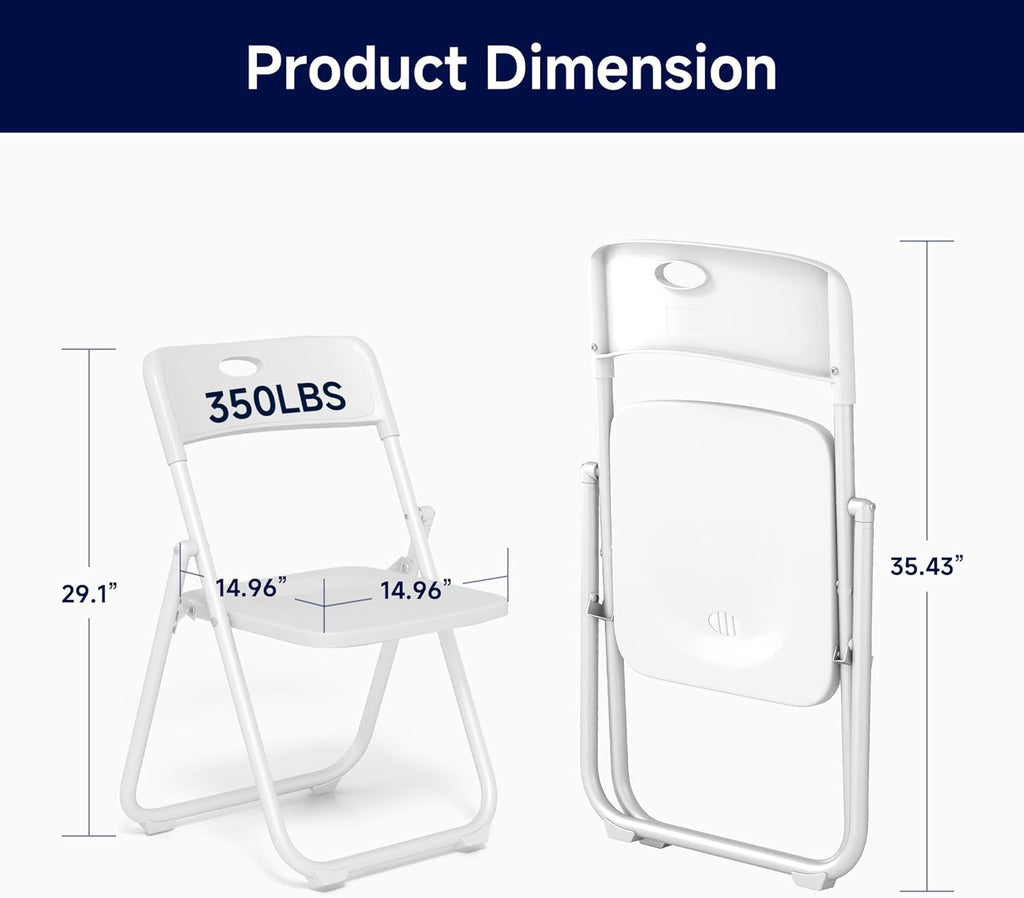 6 Pack White Plastic Folding Chairs, Lightweight Foldable Chair with 350lbs Capacity, Portable Seat with Sturdy Steel Frame for Indoor & Outdoor Use