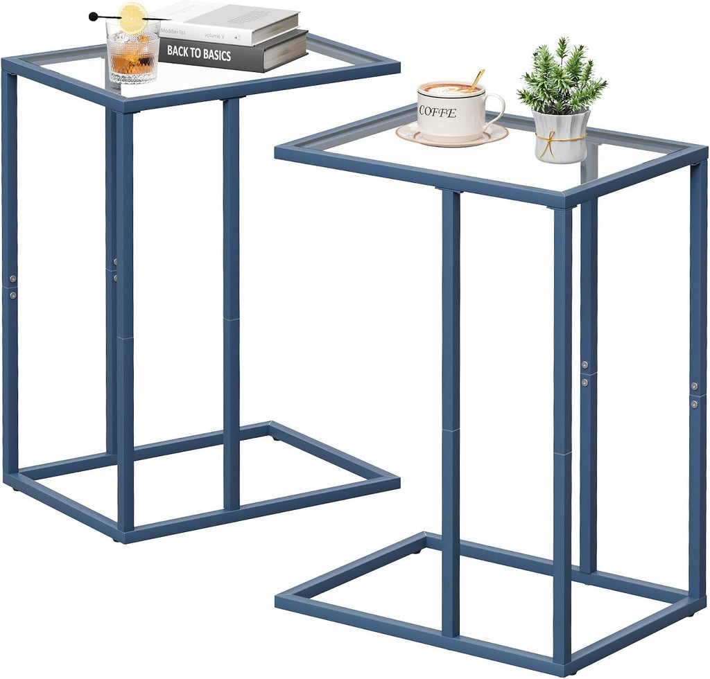 Easy Paws C Table End Table Set of 2, Glass Couch Side Table, Tempered Glass Snack Table with Metal Frame, TV Tray Table for Small Space, Sofa Couch Side Tableand Bed Side Table(Blue)
