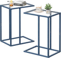 Easy Paws C Table End Table Set of 2, Glass Couch Side Table, Tempered Glass Snack Table with Metal Frame, TV Tray Table for Small Space, Sofa Couch Side Tableand Bed Side Table(Blue)
