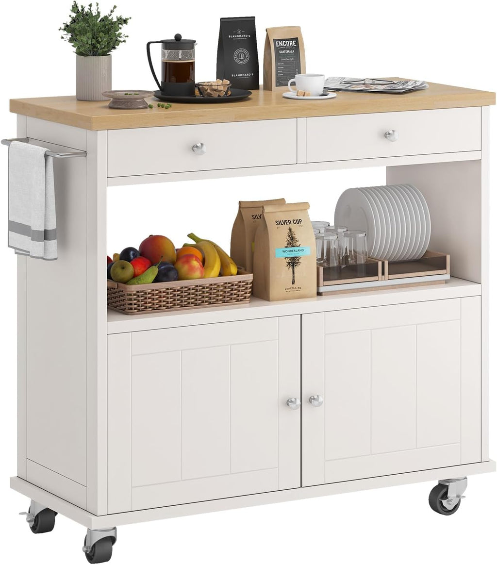 knoworld Rolling Kitchen Island with Storage Cabinet, 35.4'' Width Kitchen Cart, 2 Drawers Island Table, Portable Mobile Kitchen Island with Towel Rack, Wood Top and Lockable Wheels, White