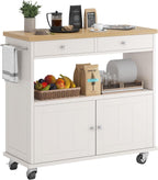 knoworld Rolling Kitchen Island with Storage Cabinet, 35.4'' Width Kitchen Cart, 2 Drawers Island Table, Portable Mobile Kitchen Island with Towel Rack, Wood Top and Lockable Wheels, White
