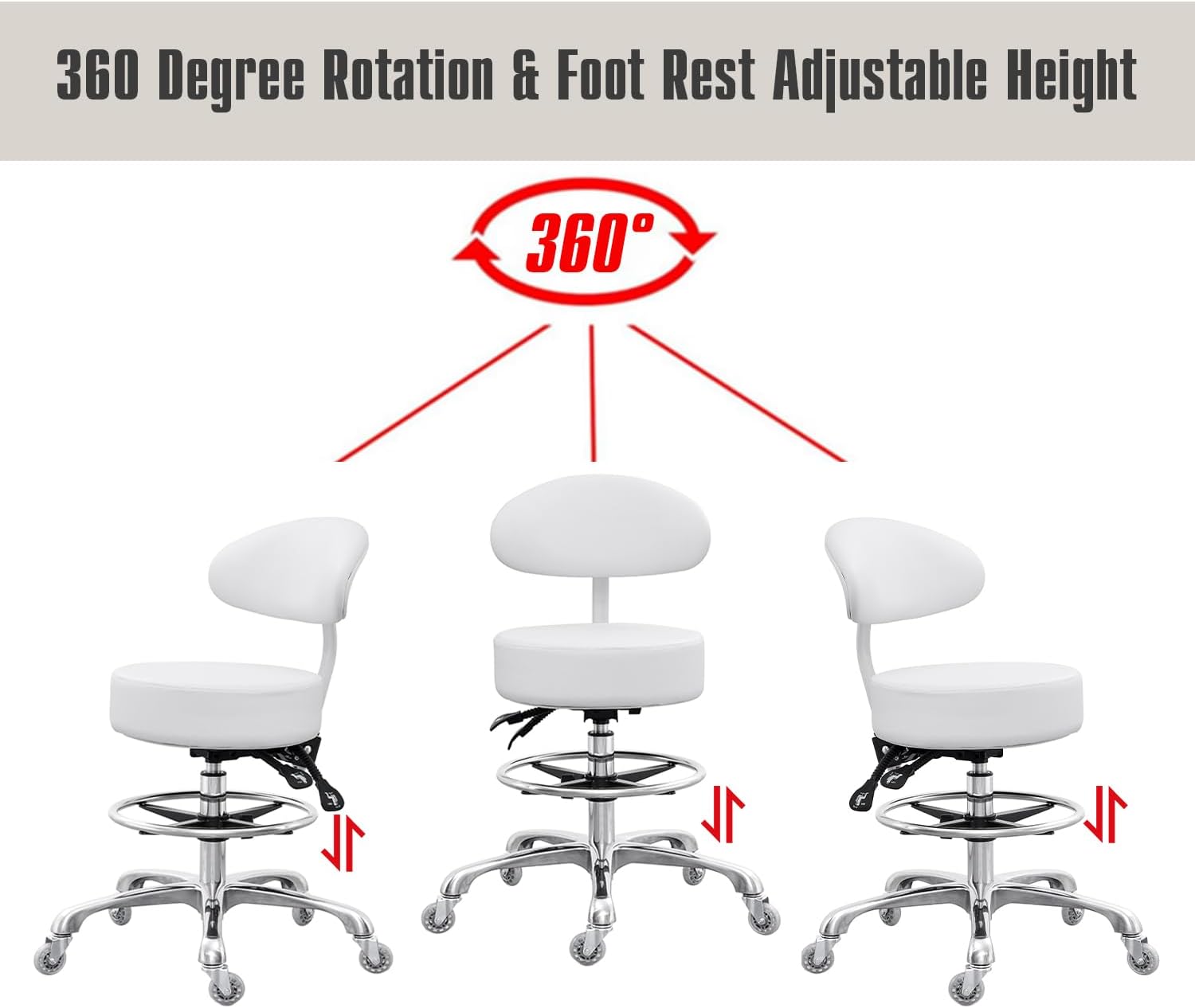 Grace&Grace Drafting Chair Big Cushion Rolling Stool with Back, Tall Shop Stool Rolling Chair with Footrest for Studio, Workshop, Classroom, Lab, Counter, Home Office (White)