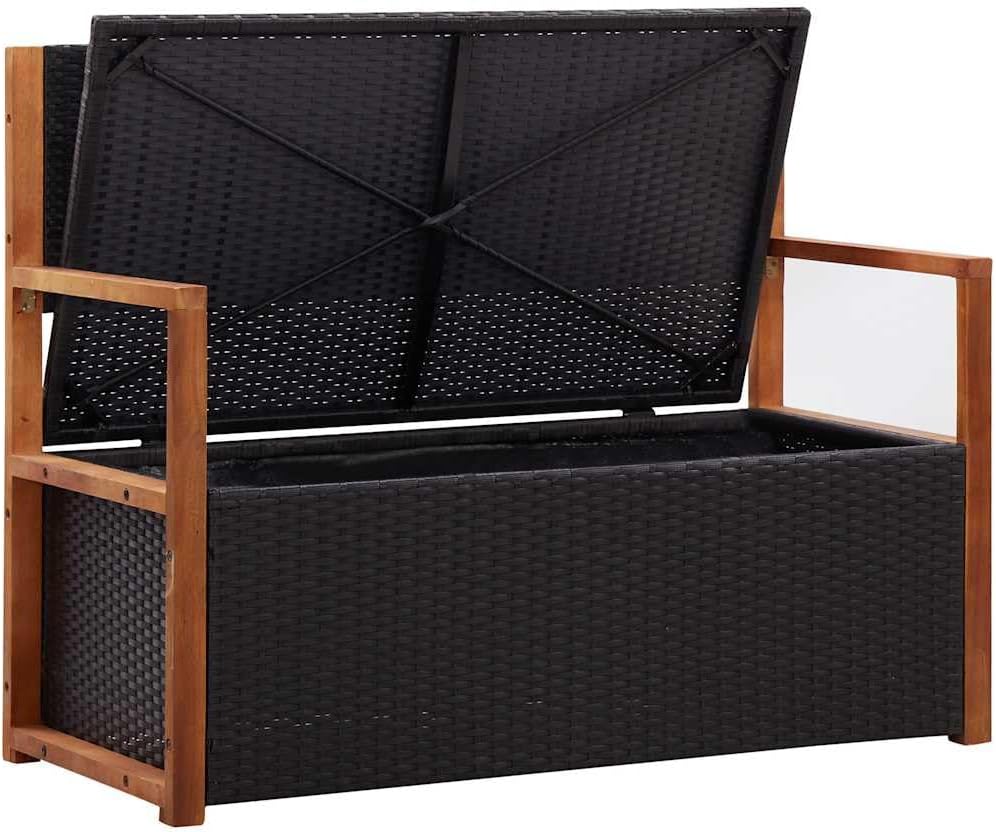 45.3" Storage Bench for Patio Garden, Poly Rattan Outdoor Bench with Large Storage Box and Solid Acacia Wood Accents, 2-Seat Deck Furniture with Comfortable Cushion, Black