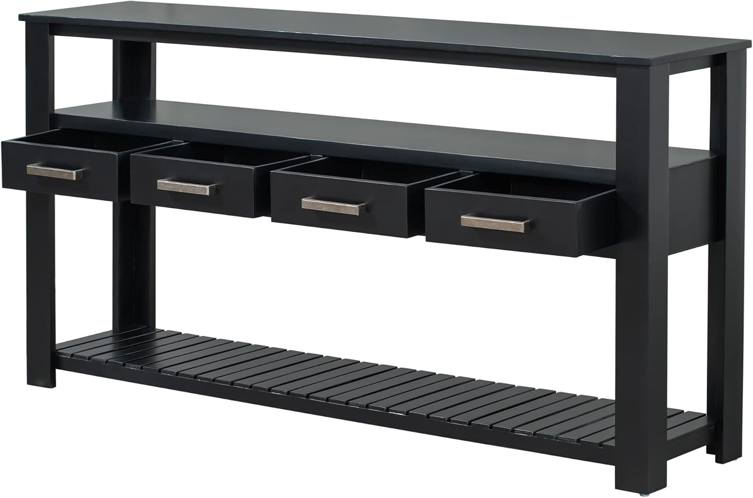 LKTART Console Table for Entryway with 4 Drawers,61.5'' Long Sofa Table with 3-Tier Open Shelves,Entry Table for Hallway,Foyer,Living Room,Black