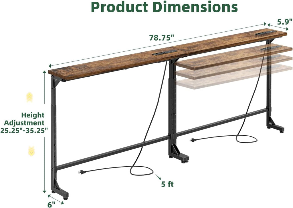 Simple Trending 78.75 Inch Narrow Console Table with 2 Charging Station, Behind Couch Table Set of 2, Sofa Table Adjustable Height, Long Entryway Tables for Living Room, Rustic Brown