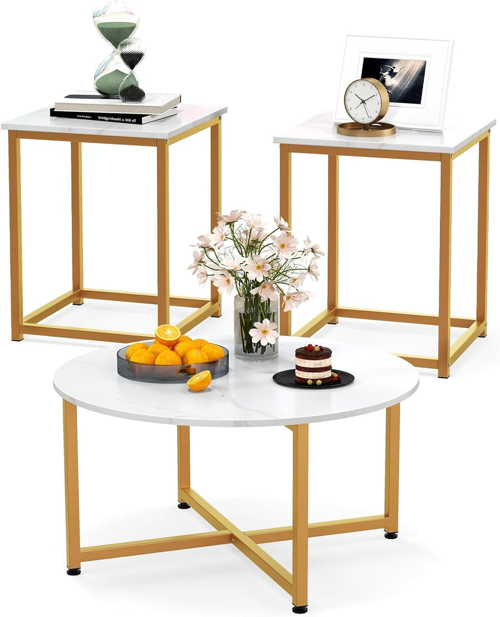 COSTWAY Coffee Table Set of 3, Round Faux Marble Coffee Table and 2 Square End Side Tables with Metal Frame, Modern 3-Piece Living Room Tables Set for Small Space, Apartment (White & Gold)