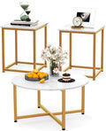 COSTWAY Coffee Table Set of 3, Round Faux Marble Coffee Table and 2 Square End Side Tables with Metal Frame, Modern 3-Piece Living Room Tables Set for Small Space, Apartment (White & Gold)
