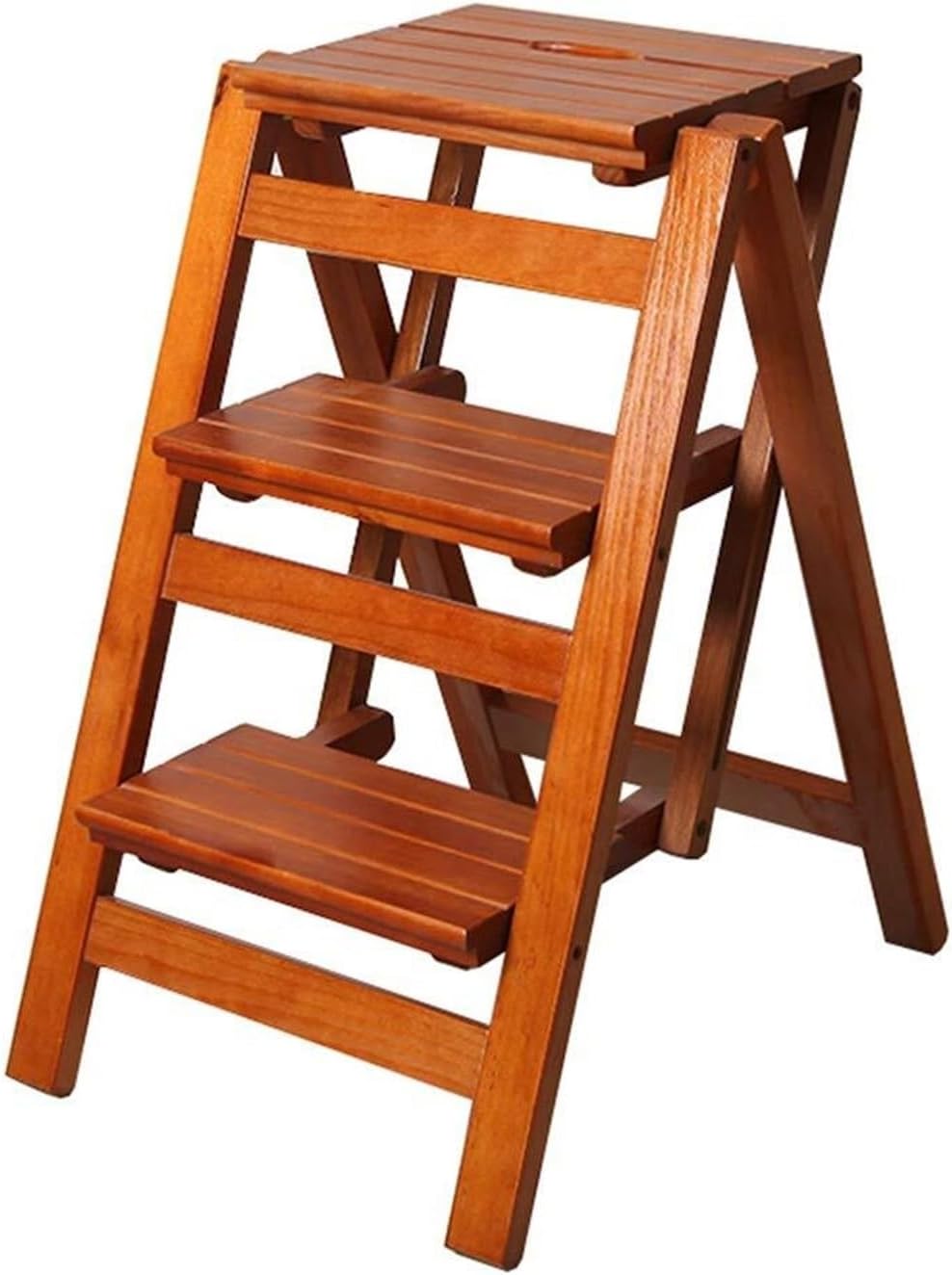 Step Stool 3-Step Walnut Wooden Folding Stepladder & Step Stool - Dual-Use Safety Ladder for Home Kitchen & Library