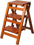 Step Stool 3-Step Walnut Wooden Folding Stepladder & Step Stool - Dual-Use Safety Ladder for Home Kitchen & Library