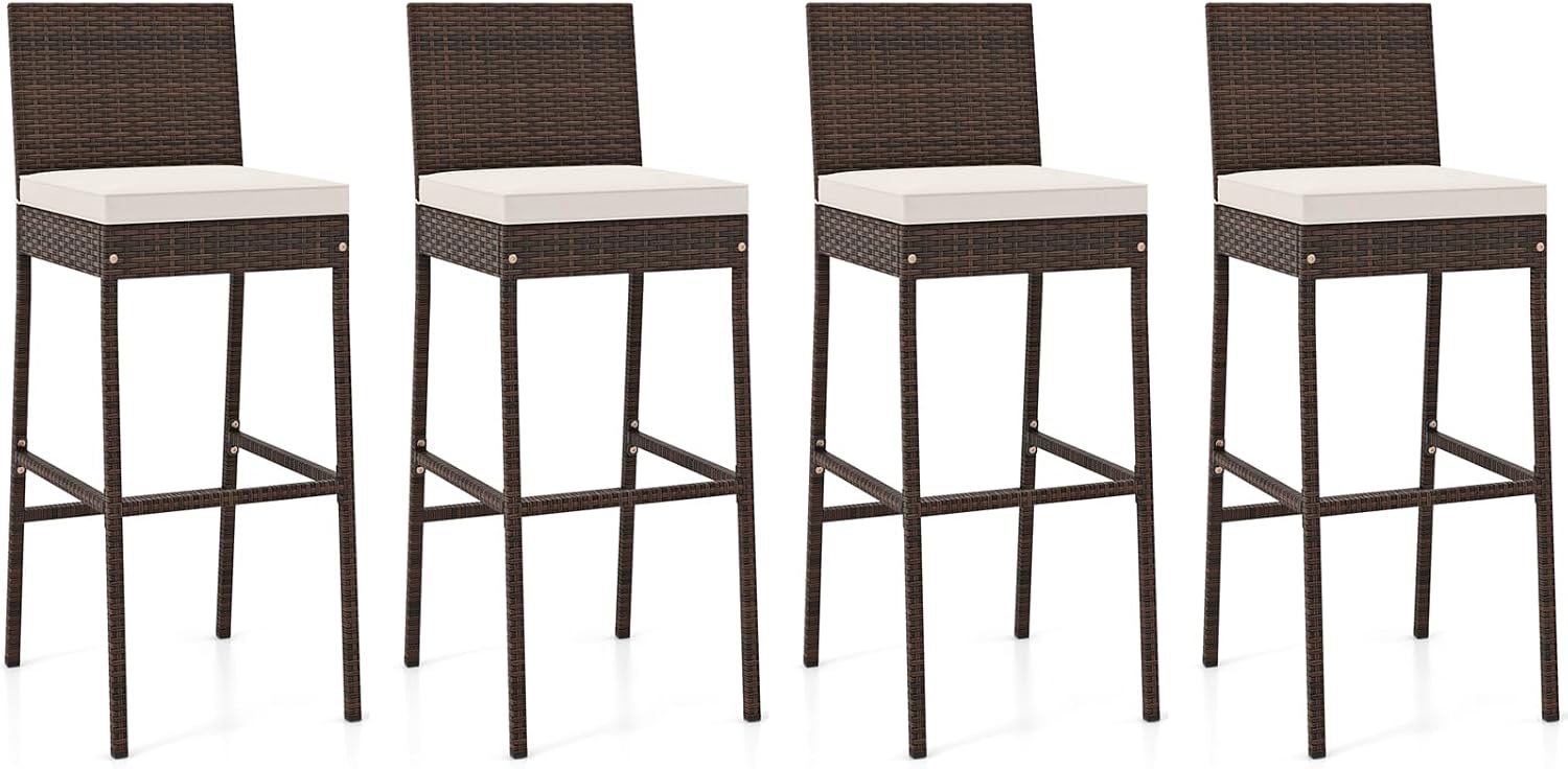 HAPPYGRILL Wicker Patio Barstools Set of 4, Outdoor Rattan Bar Chairs with Footrest & Backrest, Armless High Top Chairs with Seat Cushions for Backyard, Balcony