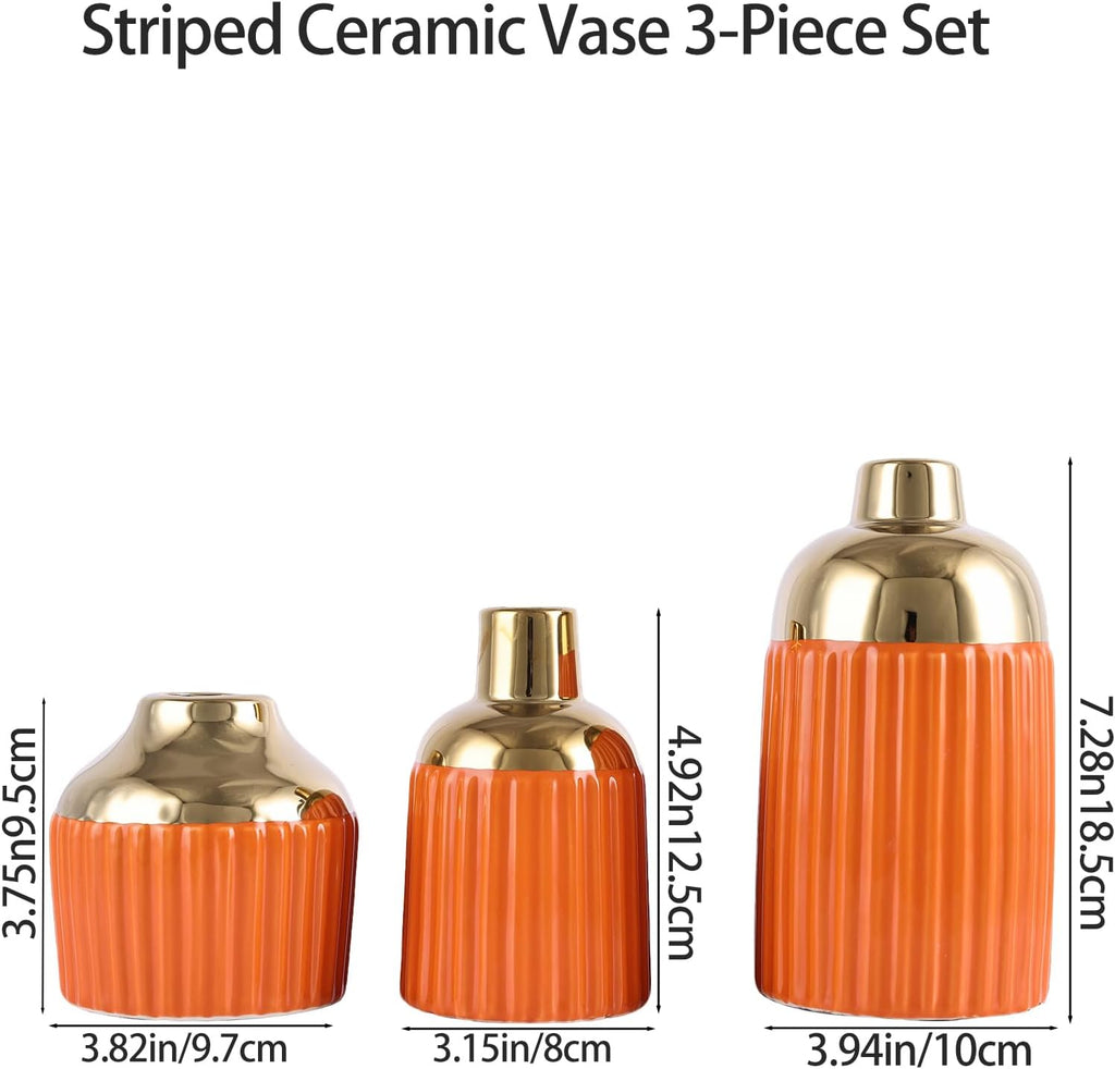 Orange Gold Ceramic Vase 3-Piece Set, Modern Geometric Decorative Vases, Small Ceramic Vases for Home Decor, Suitable for Dining Table, Shelf, Entryway Table, Fireplace, and Foyer Table Decor.