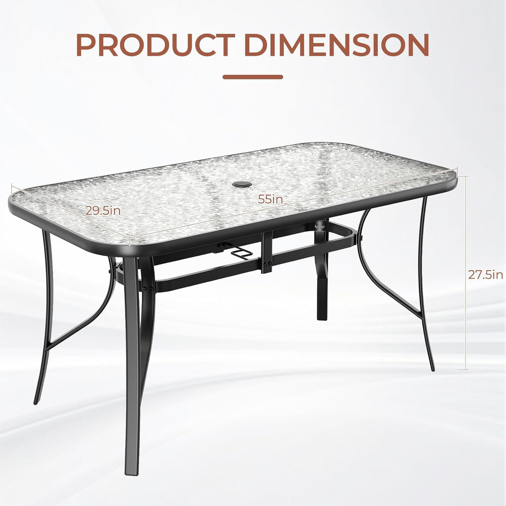 TLSUNNY Patio Outdoor Table W/ 1.69″ Umbrella Hole, 30"X 55" Rectangular Tempered Glass Patio Dining Table for 6, Outdoor Metal Furniture, All-Weather Use, for Patio, Graden, Backyard (Black)