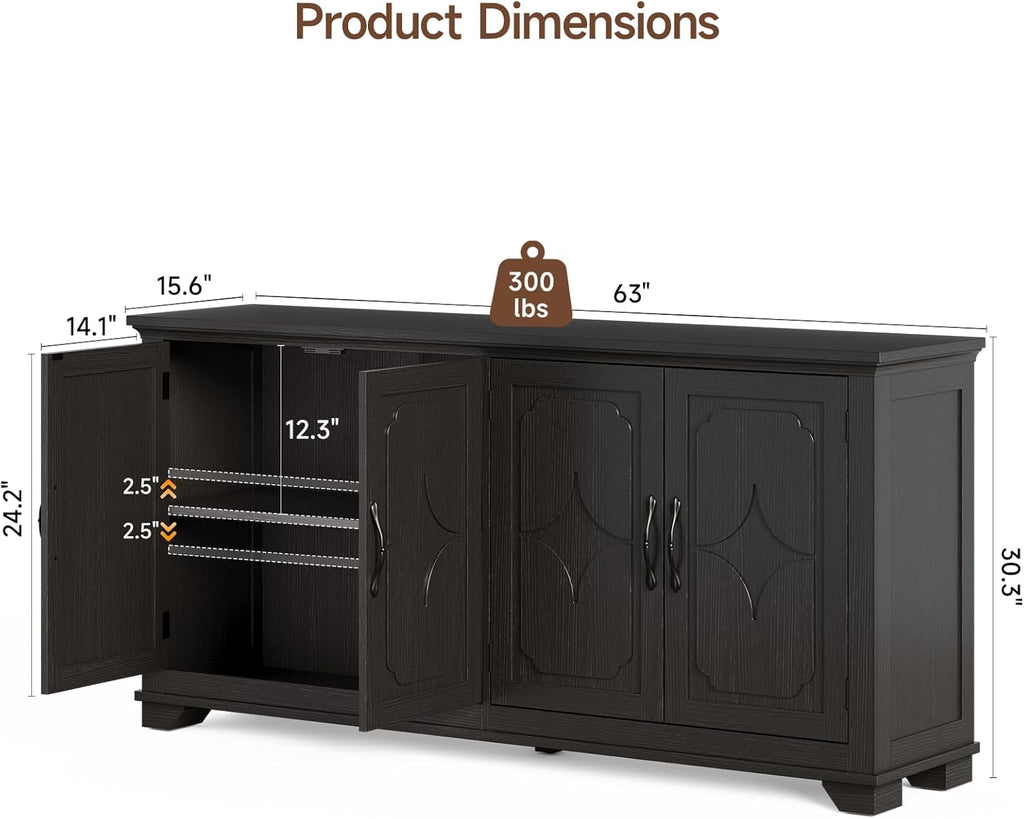 ONBRILL 63 Inch Buffet Cabinet with Storage, Large Sideboard Cabinet with 4 Carved Doors, Modern Credenza Storage Cabinets w/Adjustable Shelves for Kitchen, Living Room, Black