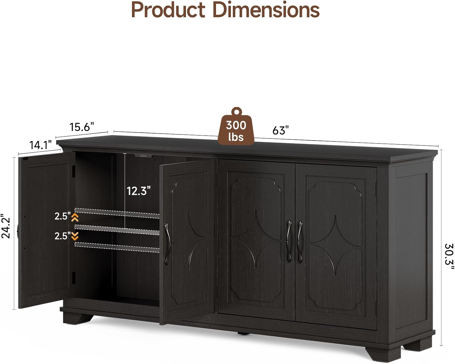 ONBRILL 63 Inch Buffet Cabinet with Storage, Large Sideboard Cabinet with 4 Carved Doors, Modern Credenza Storage Cabinets w/Adjustable Shelves for Kitchen, Living Room, Black