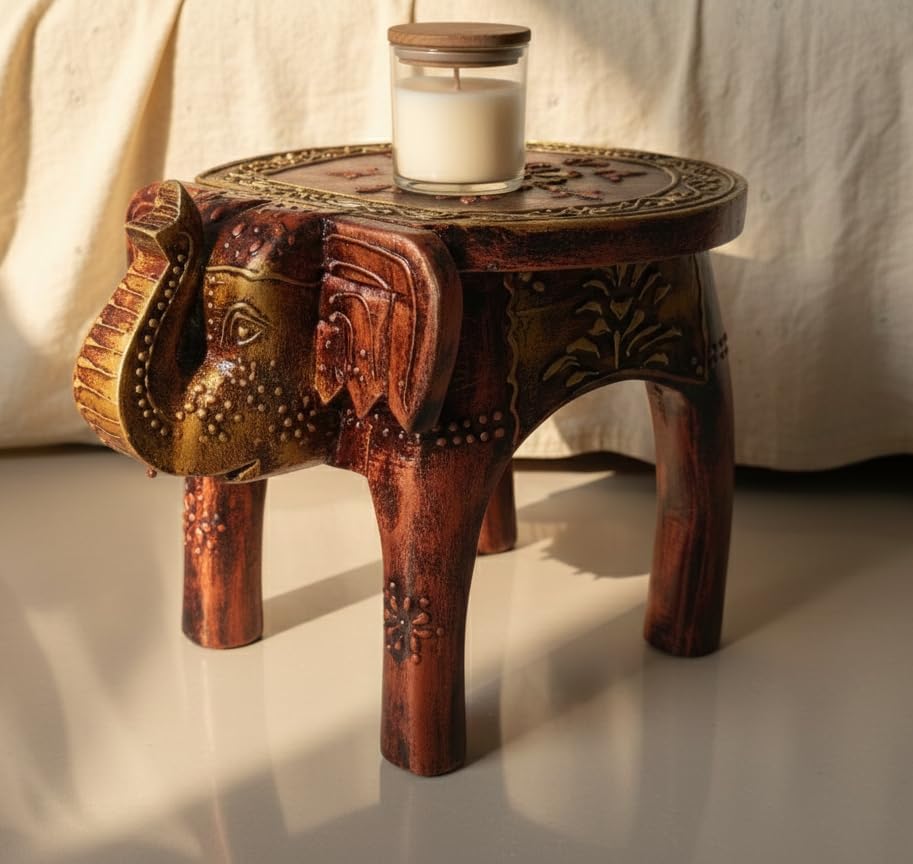 End Table, Handmade Wooden Elephant Side Table, Small Round End Table, Nightstand with Tapered Legs, for Small Spaces, Living Room, Bedroom, Rustic Wooden Stools