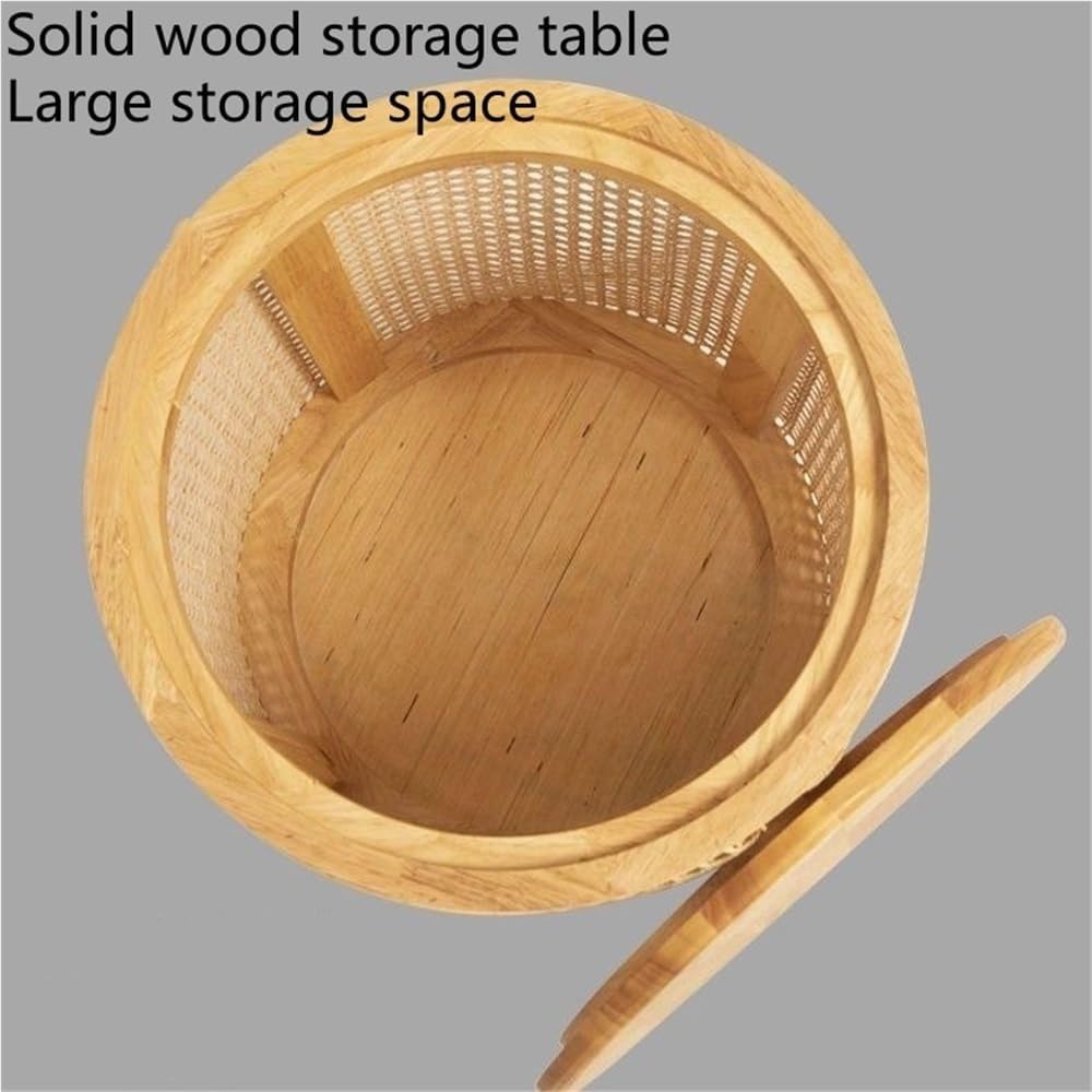 Round Rattan Storage Side Table Wooden Stool Stylish Woven Storage Solution Versatile Coffee Table for Living Room Balcony Practical(Black)