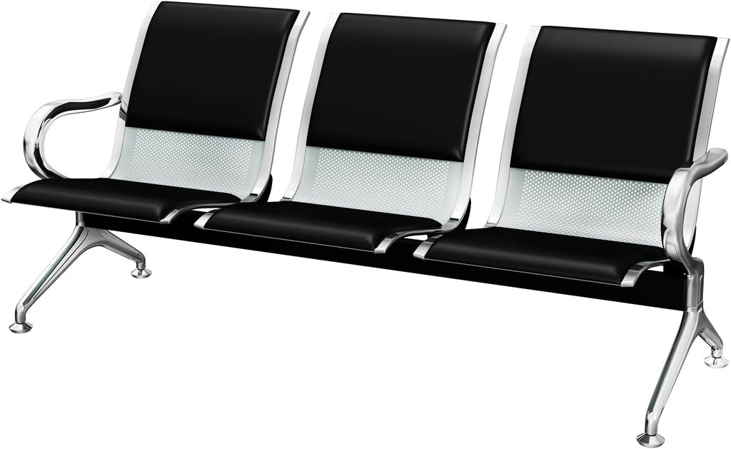 KINTNESS Guest Reception Chairs for Airport Waiting Room Office Chairs Salon Barber Bank Hall Room Conference Airport with Black Leather Cushion 3 Seat Bench Furniture …