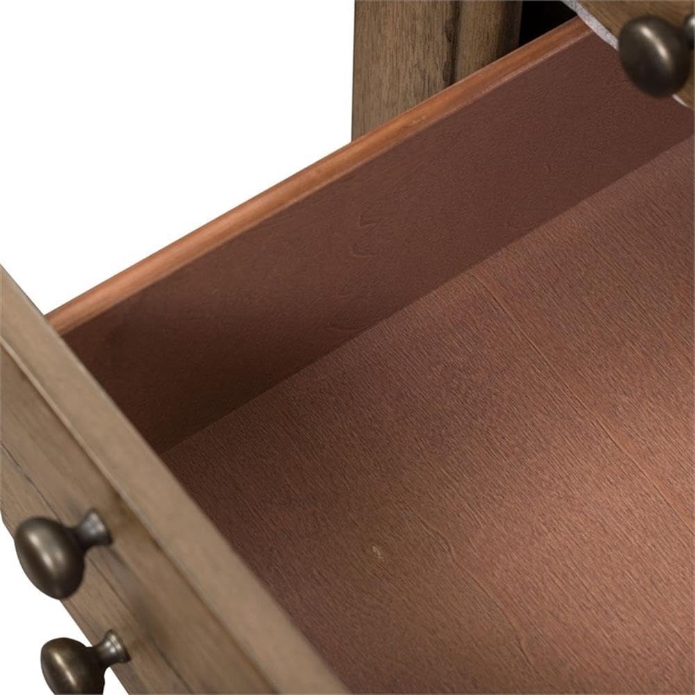 Pemberly Row Bedside Chest, Dusty Taupe Wire-Brushed Finish, 3 Drawers with Felt-Lined Top and Cedar-Lined Bottom, Built-in AC and USB Charging Station, Antique Brass Knob Hardware, Rustic Bedroom