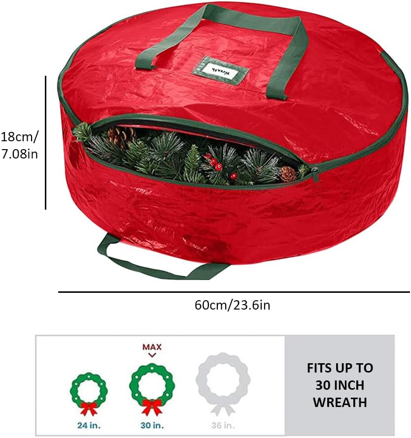 24" Christmas Wreath Storage Bag Artificial Wreath Container Garland Holiday Xmas Wreaths Holder Sturdy Handles Inner Straps Card Slot Dual Zipper Red