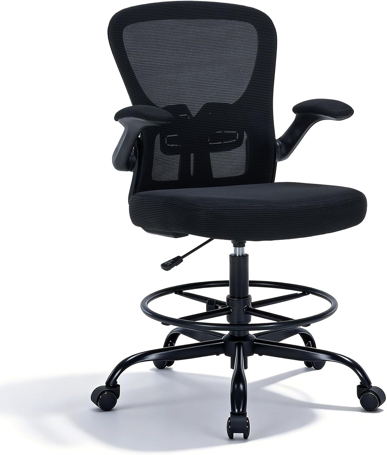 Drafting Chair Tall Office Chair, Standing Desk Chair with Flip-Up Armrests, Breathable Mesh High Chair Adjustable Height, Ergonomic Computer Chair with Lumbar Support and Adjustable Footrest Ring